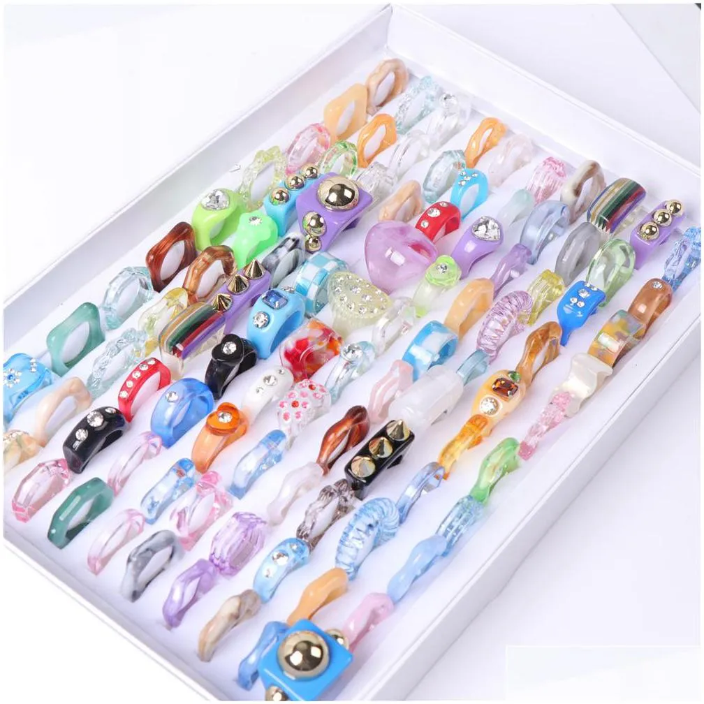wholesale 30pcs/lot fashion colorful rhinestone resin rings jewelry for women mix style party gift punk heart