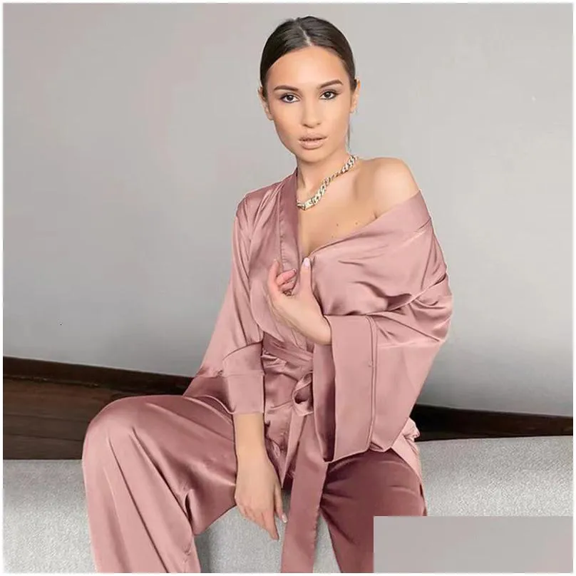 womens pajamas ice silk long sleeve cardigan pijama trouser suits plus size lingere set woman 2 pieces home suit sleepwear 220421