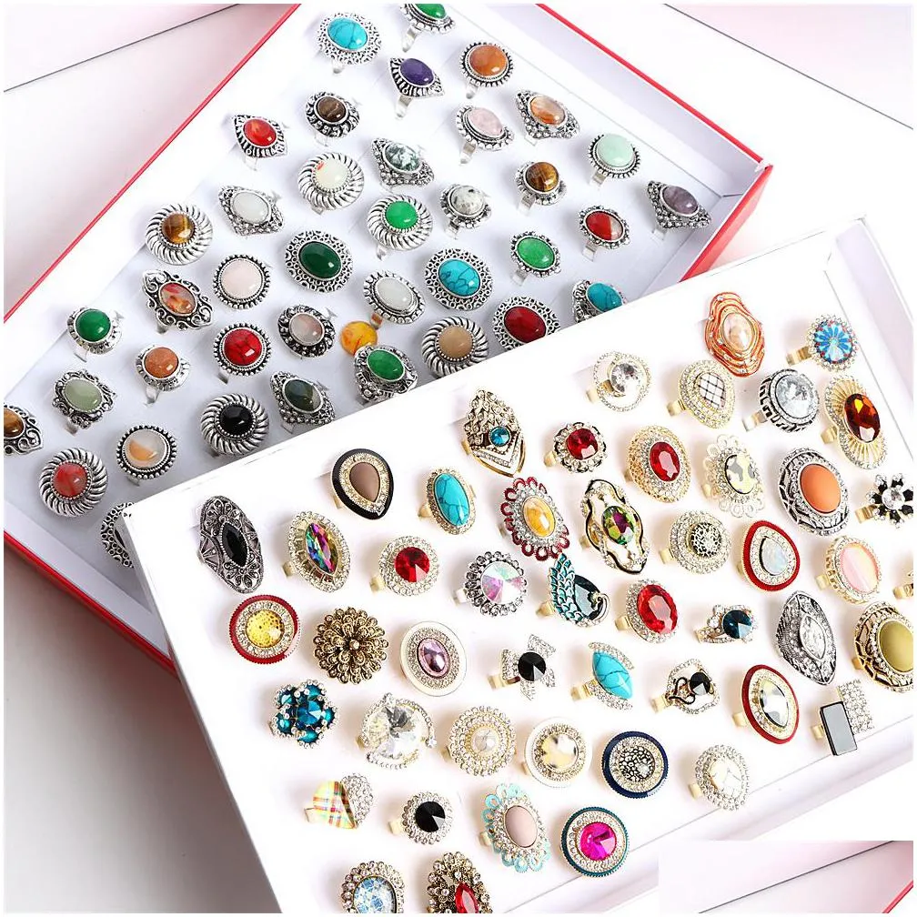 fashion vintage geometry patten colorful stone open rings jewelry for women flower sun mix style wedding party gifts wholesale