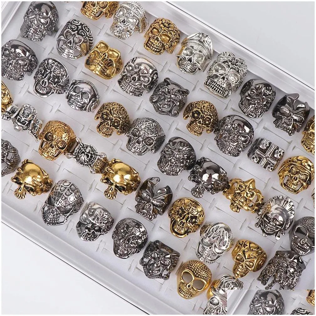 wholesale 30pcs/lot metal punk gothic skull rings jewelry for men mix style gold silver black plated personality gift