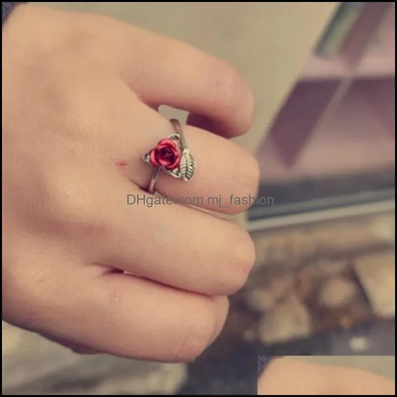 women ring red rose garden flower leaves open ring resizable finger rings for women valentines day gift jewelry