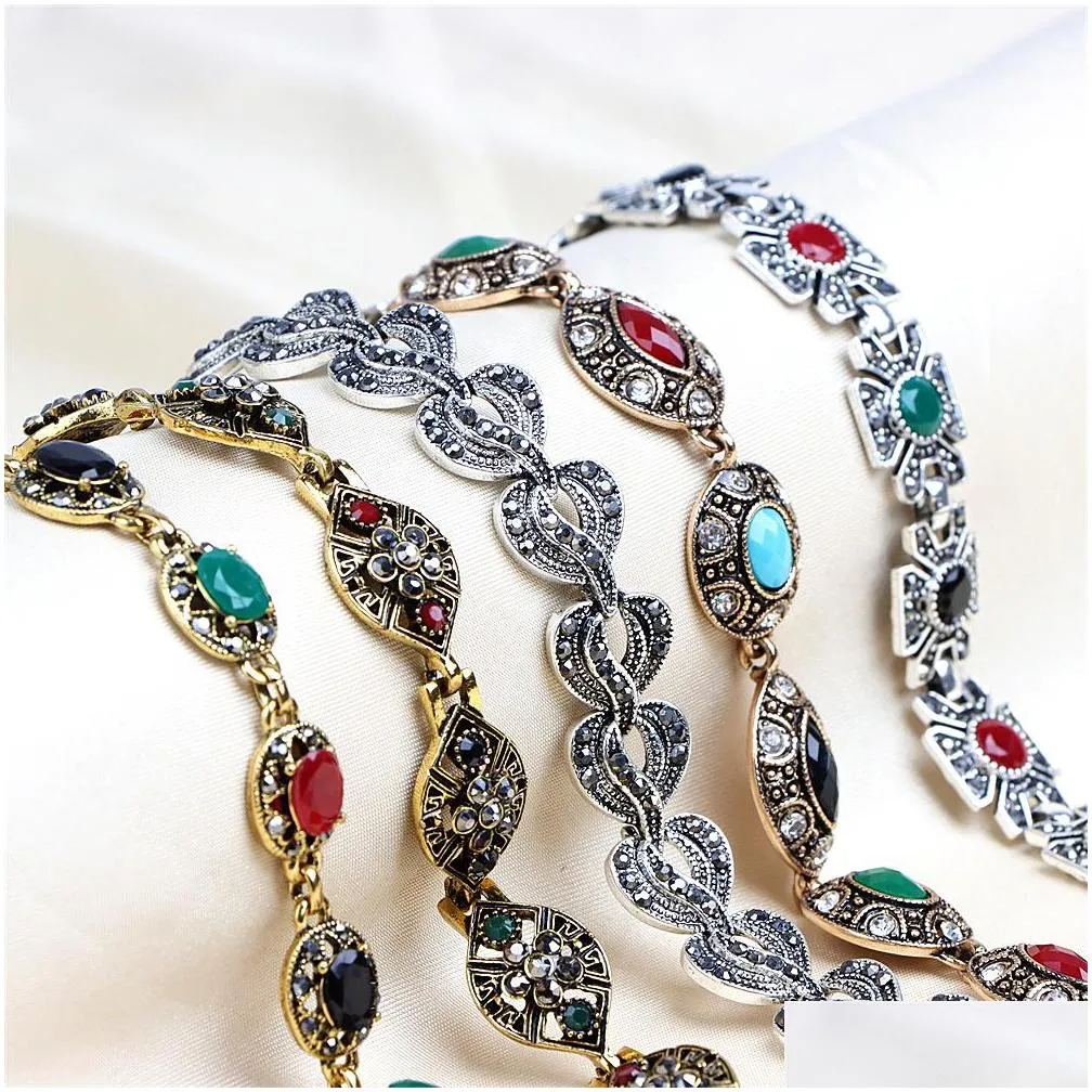 new 10pcs/lot bohemian vintage retro crystal ethnic metal bracelets for womens mix style colorful stone silver gold plated party gift charm jewelry