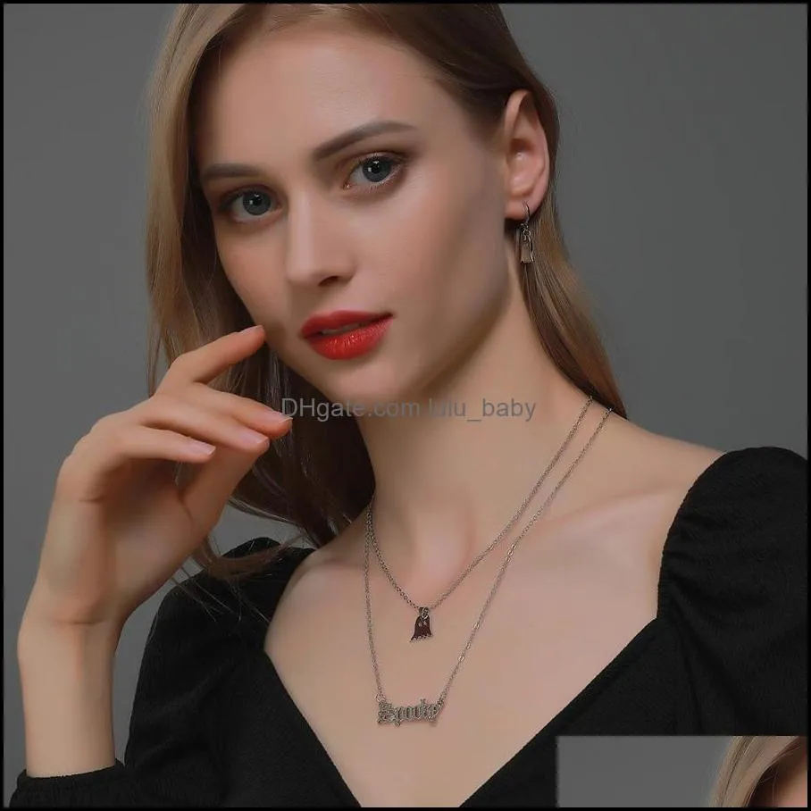 double multilayer necklace imp earring women silver color halloween jewelry set long letter necklaces earrings