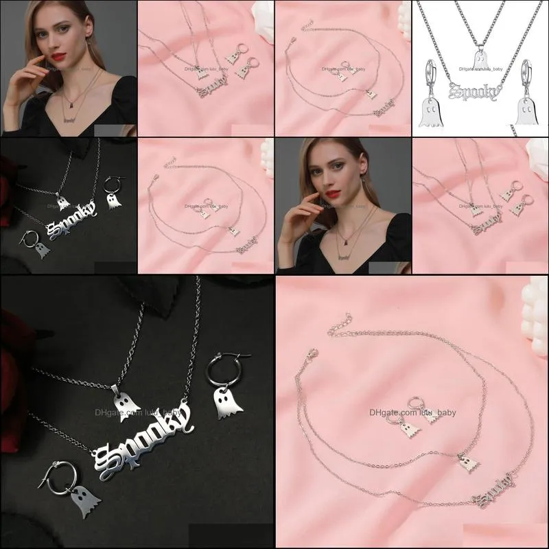 double multilayer necklace imp earring women silver color halloween jewelry set long letter necklaces earrings