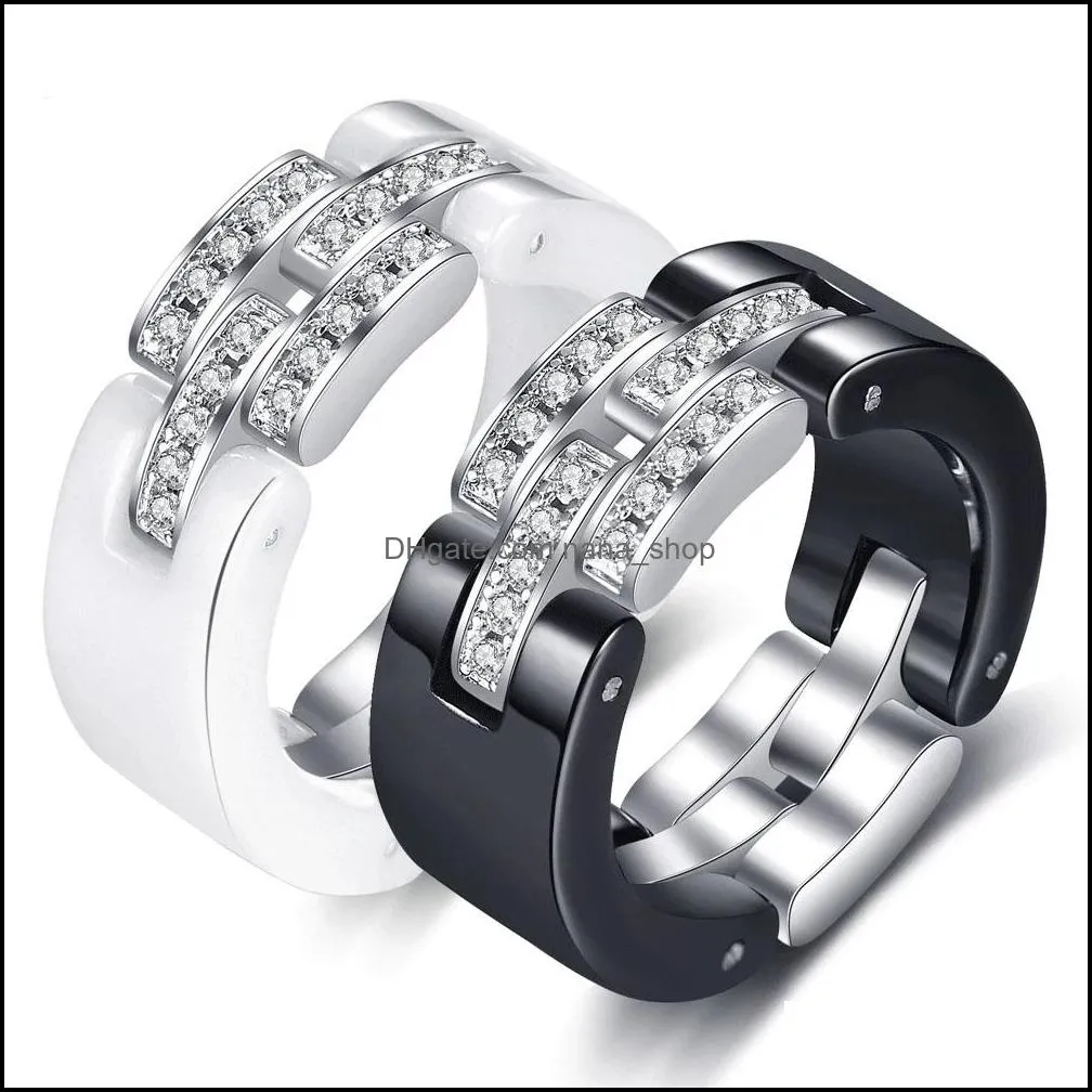 brand design wedding rings middle layer flexible white black ceramic rings with zircon for wedding women girls gift