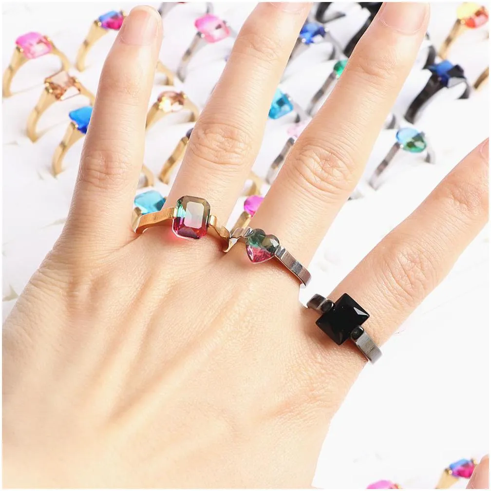 new fashion geometric zircon stainless steel rings jewelry for women men heart multicolor mix style party gift no fade wholesale