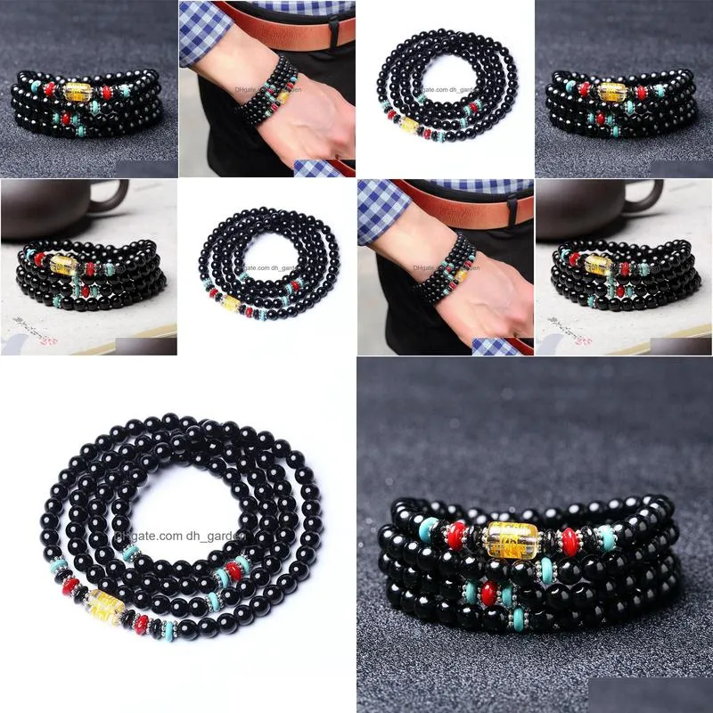 new natural 6mm black obsidian beaded stone tibetan buddhist 108 prayer beads necklace gourd mala prayer bracelet for meditation