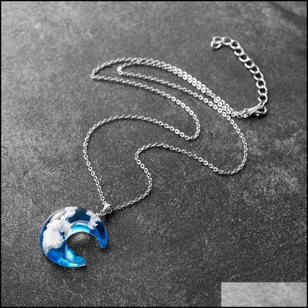 crystal glass necklace moon pendant blue sky white cloud transparent resin moon pendants necklaces women fashion jewelry gift