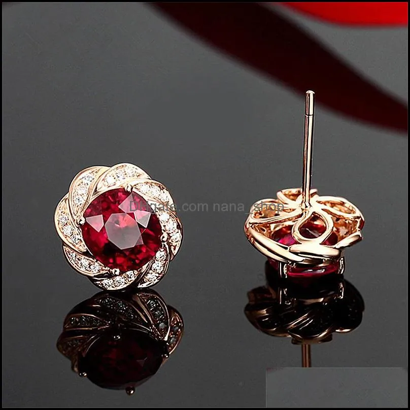 silver crystals earrings fashion exquisite pigeon blood tourmaline stud earrings 18k rose gold plated rotating stone stud earrings