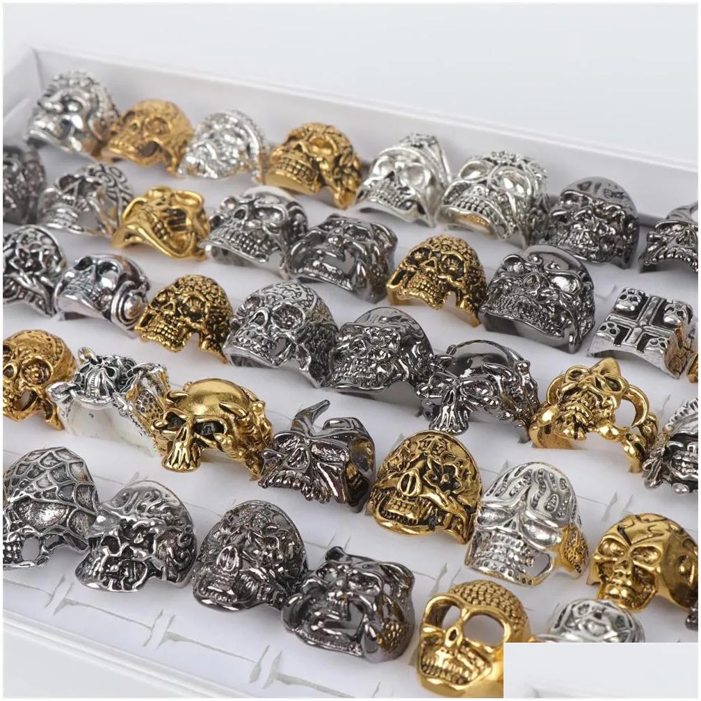 wholesale 30pcs/lot metal punk gothic skull rings jewelry for men mix style gold silver black plated personality gift