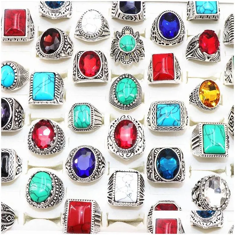 wholesale vintage turquoise stone glass silver plated jewelry rings for man women mix style