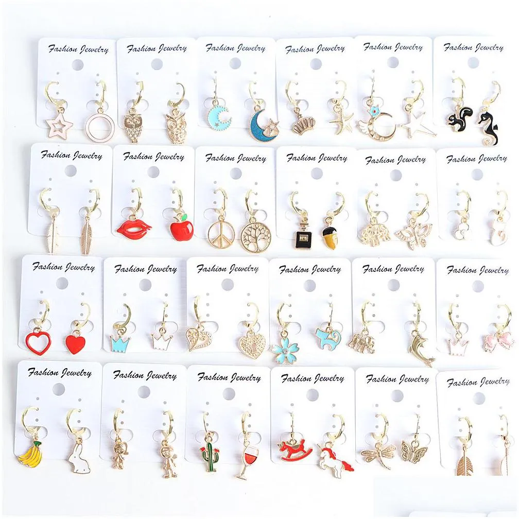 20pairs/lot fashion lovely lucky charm enamel hoop dangle earrings jewelry for women girls cute heart cat star moon rabbit butterfly mix style party gifts