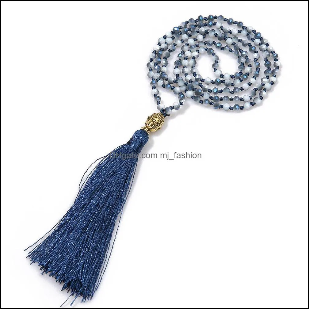 long tassel neon necklace ancient silver alloy buddha head pendant faceted glass crystal necklace knot women jewelry gifts