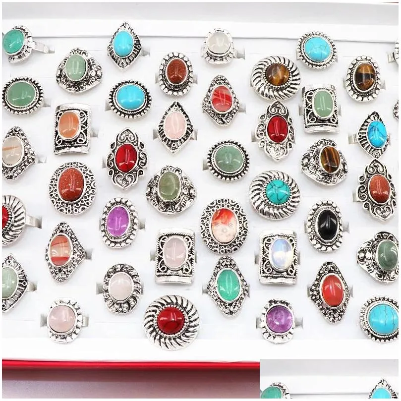 vintage bohemia colorful geometry stone adjustable open rings jewelry for women party gift flower wholesale 20pcs/lots