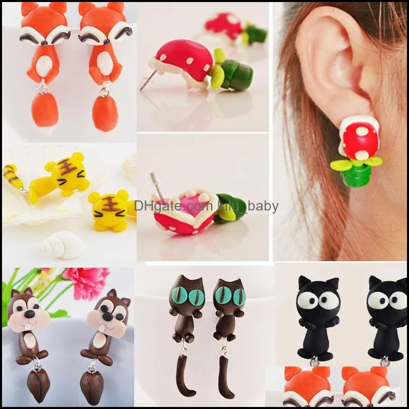 stud earrings polymer clay cute cat red fox lovely panda squirrel tiger animal earring for women