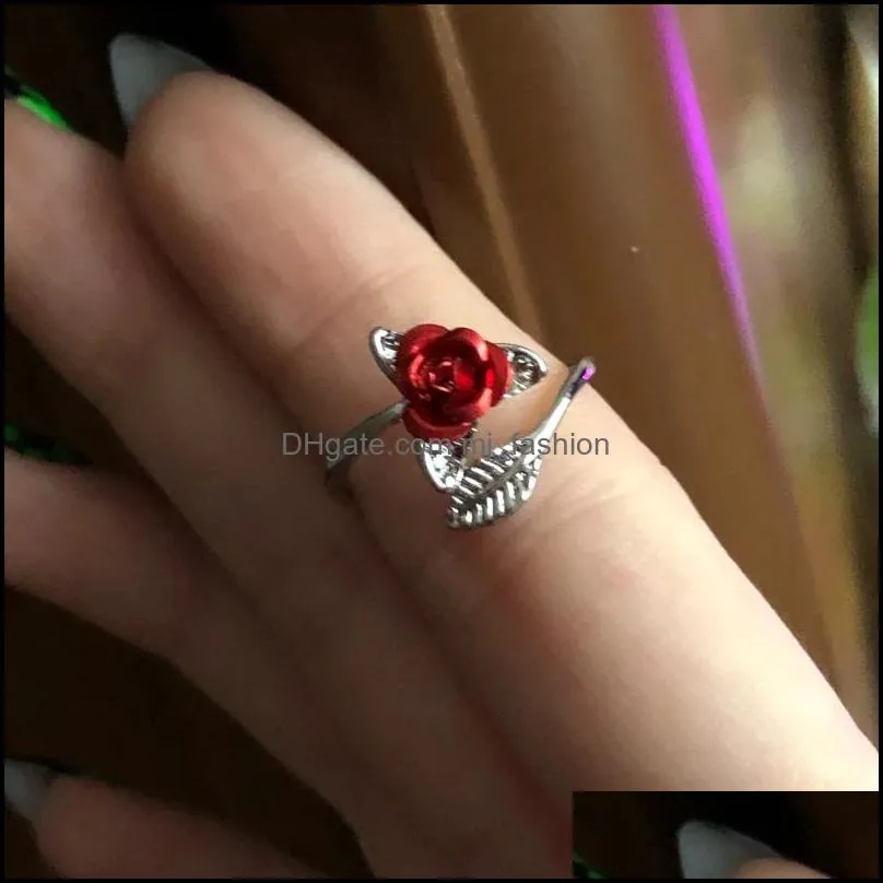 women ring red rose garden flower leaves open ring resizable finger rings for women valentines day gift jewelry