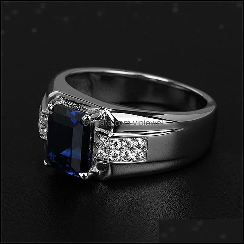 blue zircon silver ring fashion trendy mens business domineering baguette diamond men ring blue corundum diamond ring