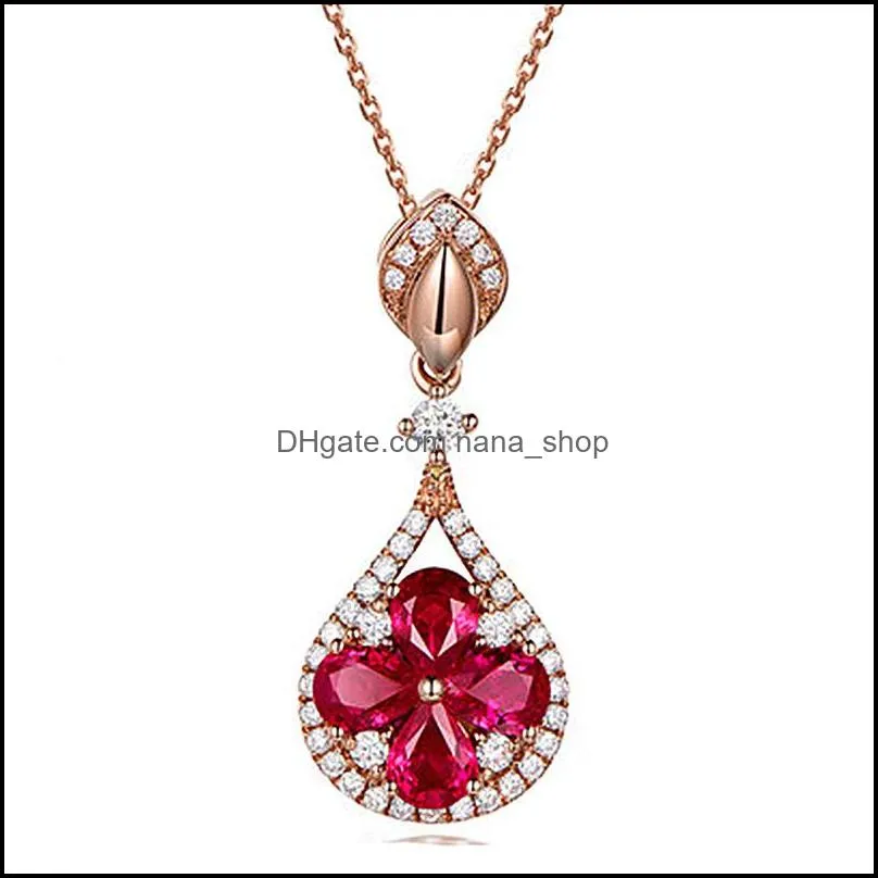 sapphire ruby pendant necklace female cute pink copper jewelry crystal flower pendant necklace gift party ladies fashion jewelry