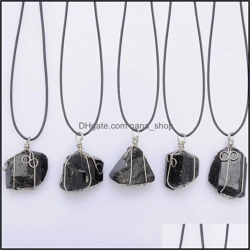  black tourmaline pendant necklace raw stone schorl leather necklace chakra healing crystal quartz point pendant natural stone