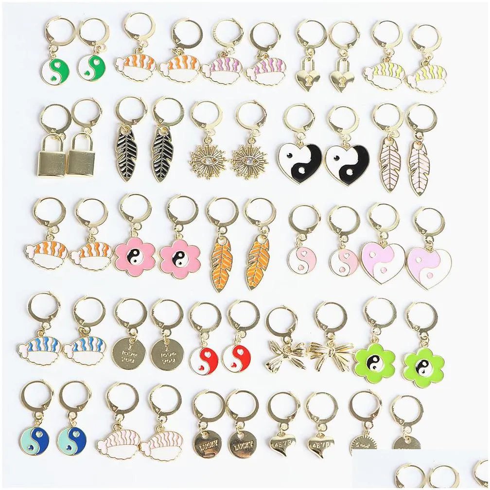 20pairs/lot fashion lovely lucky charm enamel hoop dangle earrings jewelry for women girls cute heart cat star moon rabbit butterfly mix style party gifts