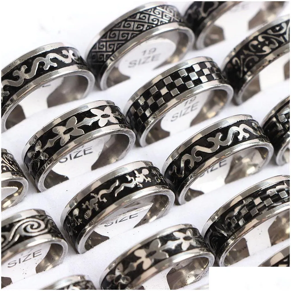 fashion retro black drop oil stainless steel rings jewelry for women men mix pattern lizard scorpion flame style party trendy personality gifts wholesale