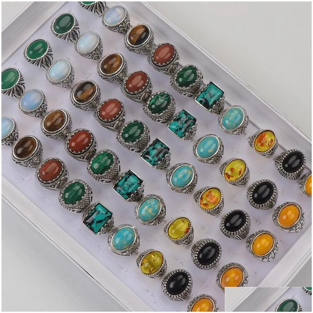 men vintage multicolor natural stone antique silver rings mix agate malachite tigereye style for women fashion jewelry party