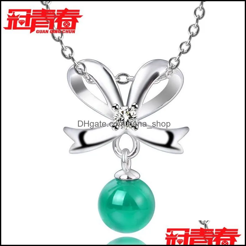 korean version of the jewelry with diamonds jade necklace net red with the bow ruby chalcedony green agate female crystal pendant