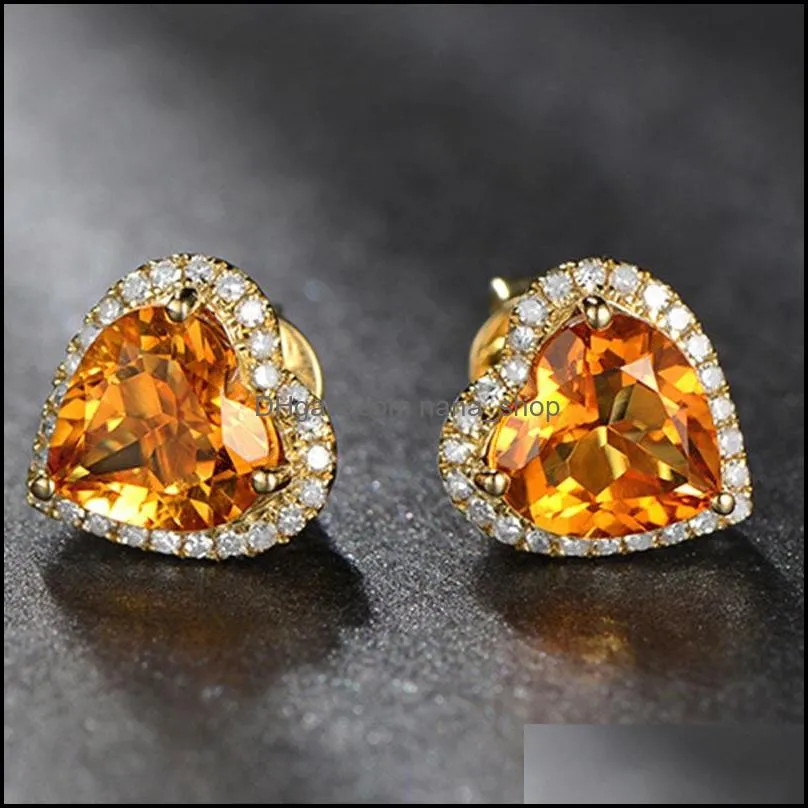 18k gold stud earrings for female heart citrine zircon gemstones earrings wedding party wholesale trendy silver jewelry