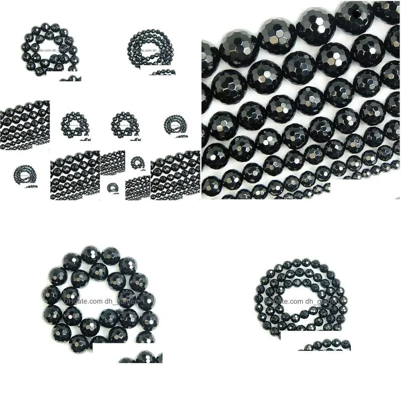 8mm wholesale natural stone beads faceted black agata round loose beads for jewelry making 15 inch pick size 4 6 8 10 12 14mm