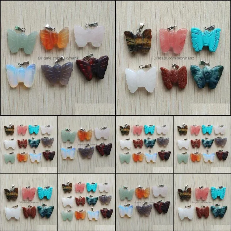 carved butterfly shape assorted natural stone charms crystal pendants for necklace accessories jewelry making