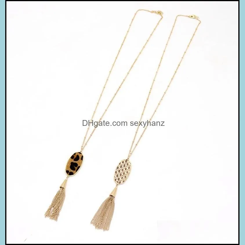 designer oval hexagon pendant tassel necklaces straw leopard print braided sweater long chian necklace  jewelry