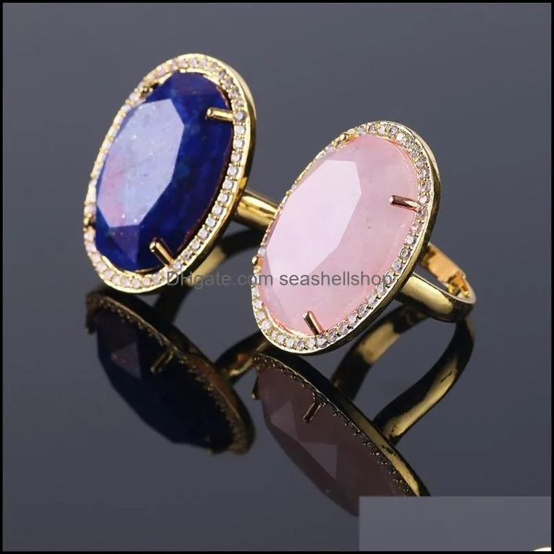 natural agates rhinestone crystal ring pink quartz lapis labradorite opal stone opening cuff rings women party wedding jewelry