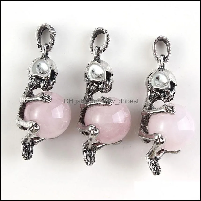 16mm natural gem stone charms skull skeleton pendants opal crystal rose quartz diy necklaces jewelry making wholesale