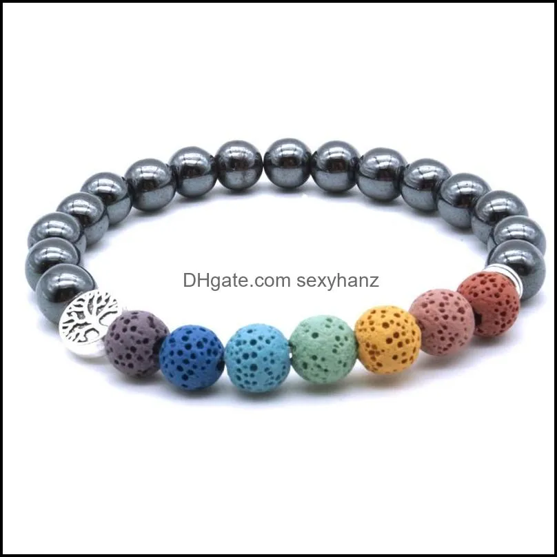 tree of life 8mm seven chakras bracelet lava stone hematite ball beaded bracelets  oil diffuser yoga men women jewelry