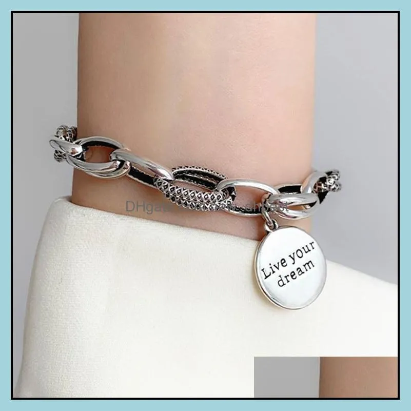 925 sterling silver love heart bracelet retro thai silver thick chain round live your dream letter bracelet