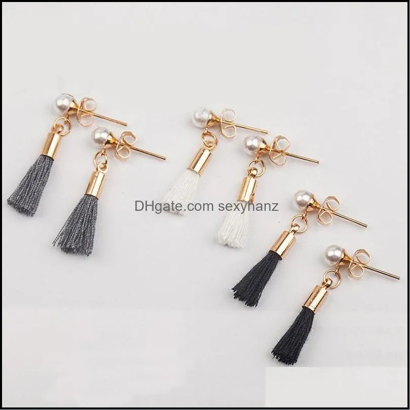 bohemian long tassel dangle earrings for girl red white silk fabric pearl stud earring fashion jewelry