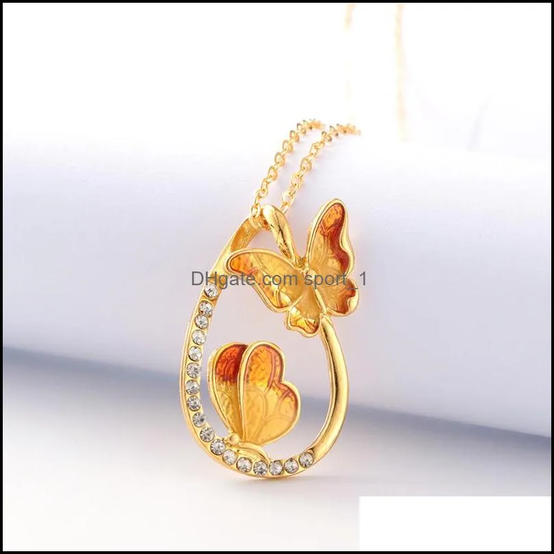 water drop painting necklace 2 butterfly long chain necklaces fashion novel jewelry zircon butterfly necklace