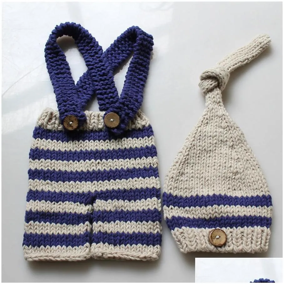 baby photo costume clothes newborn girls boys photography prop crochet knit overall bib pants add hat 2pcs sets striped outfits 1179 y2