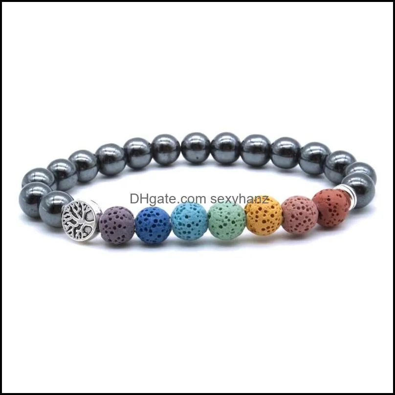 tree of life 8mm seven chakras bracelet lava stone hematite ball beaded bracelets  oil diffuser yoga men women jewelry