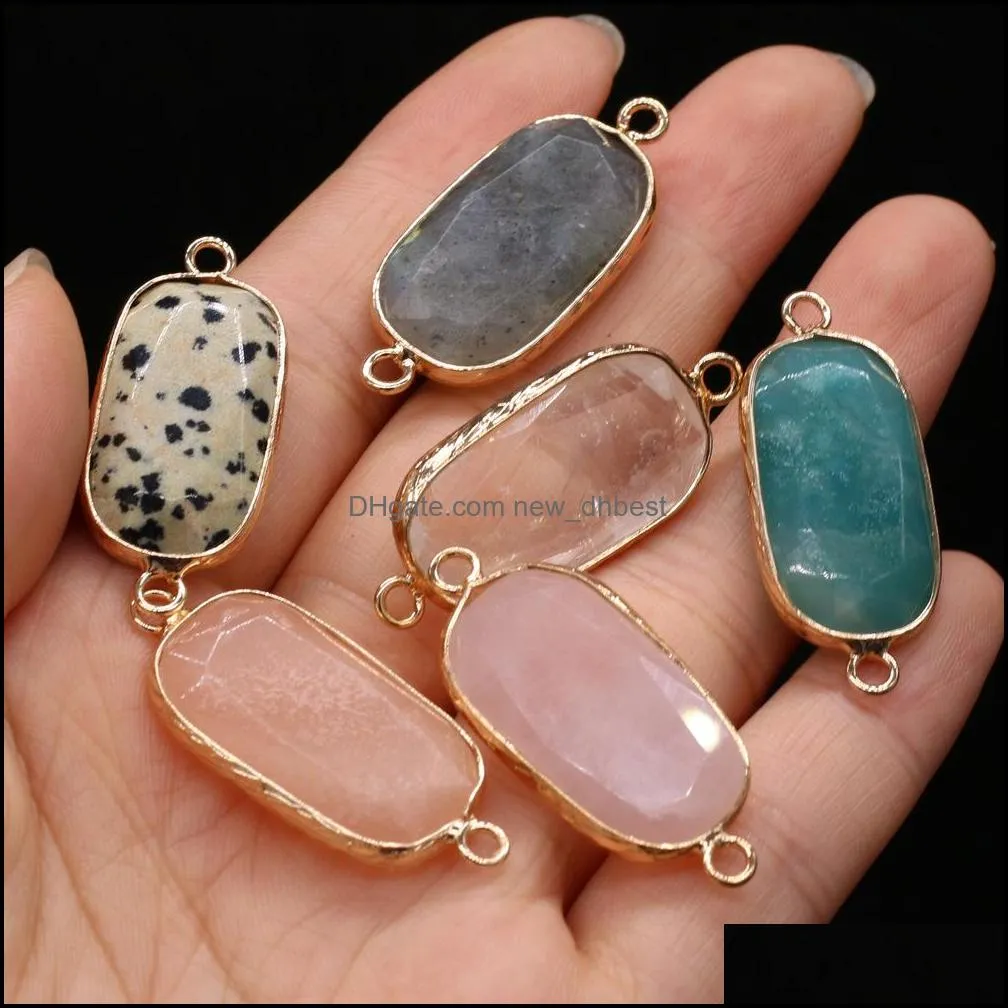 healing natural stone rectangle rose quartz faceted connector pendant double ear connectors for necklace bracelet jewelry making