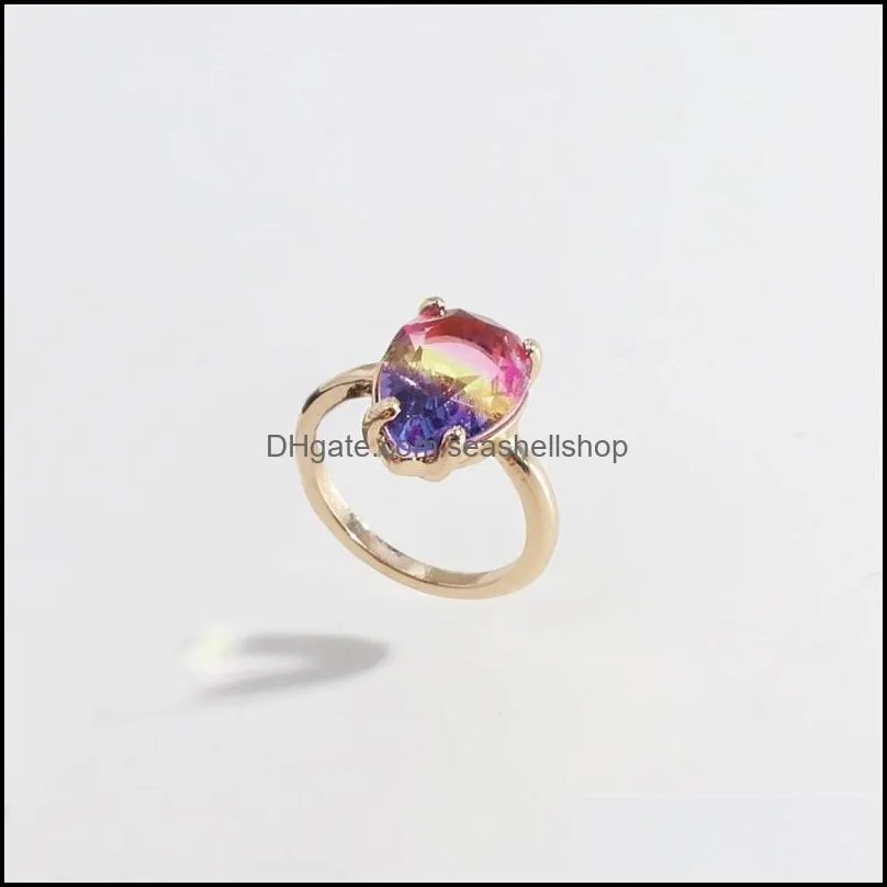 fashion gold plated teardrop gradient pink blue glass crystal rings chromatic geometric ring for women jewelry gift