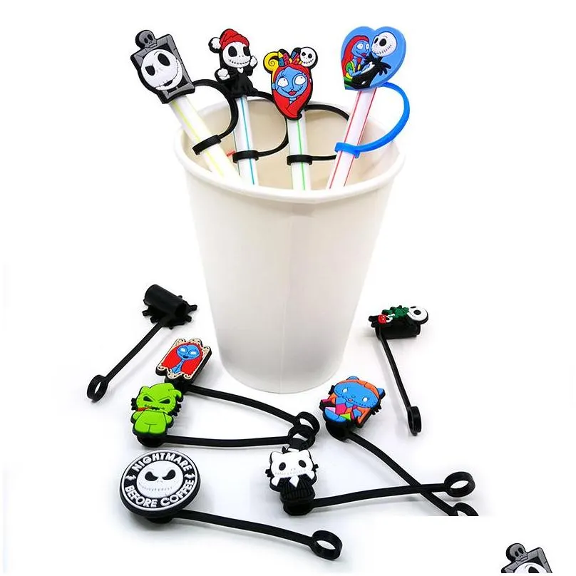 custom before christmas silicone straw toppers accessories cover charms reusable splash proof drinking dust plug decorative 8mm straw party