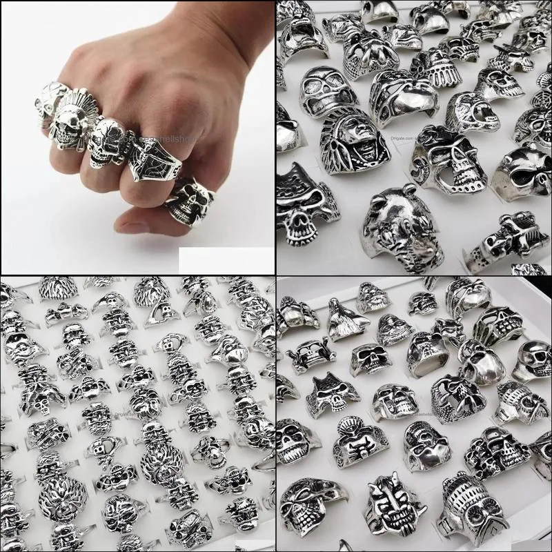 gothic skull carved big biker rings mens antisilver retro punk rings for mens fashion jewelry in bulk wholesale