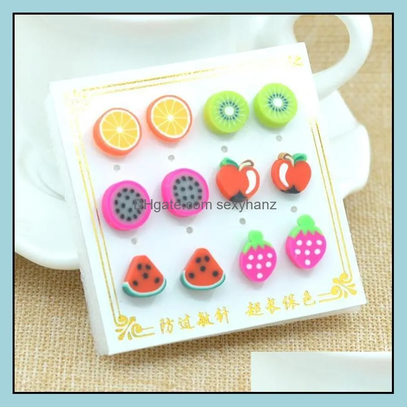 earrings for women 6 pair/pack cute handmade polymer fruit hypoallergenic stud earrings