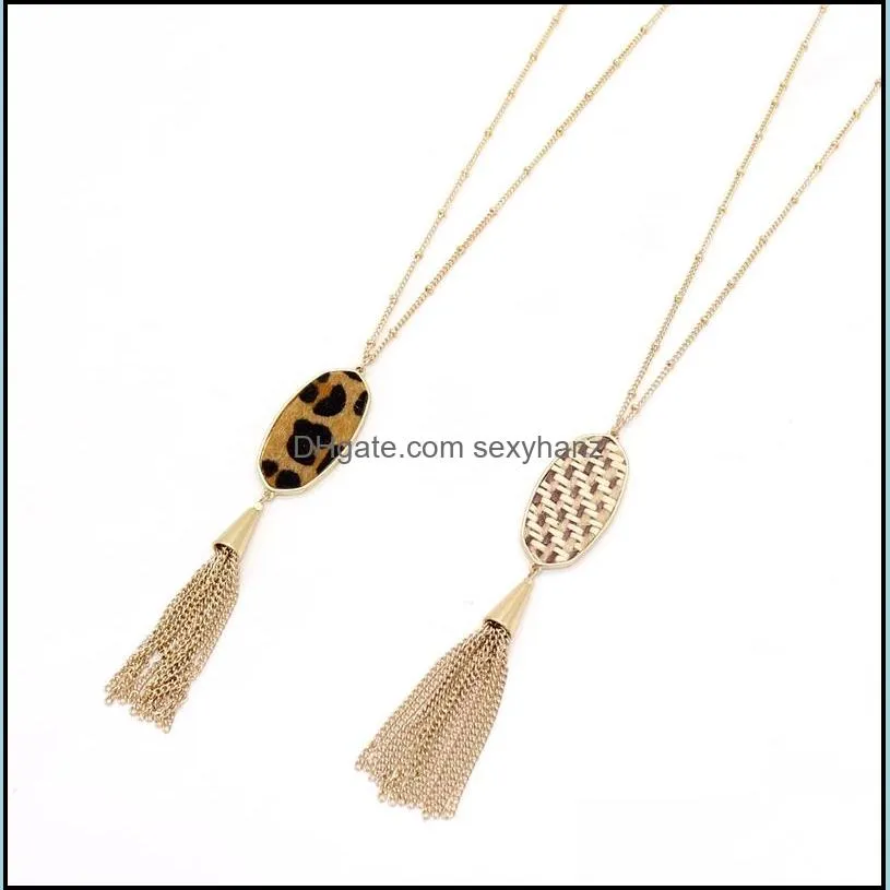 designer oval hexagon pendant tassel necklaces straw leopard print braided sweater long chian necklace  jewelry