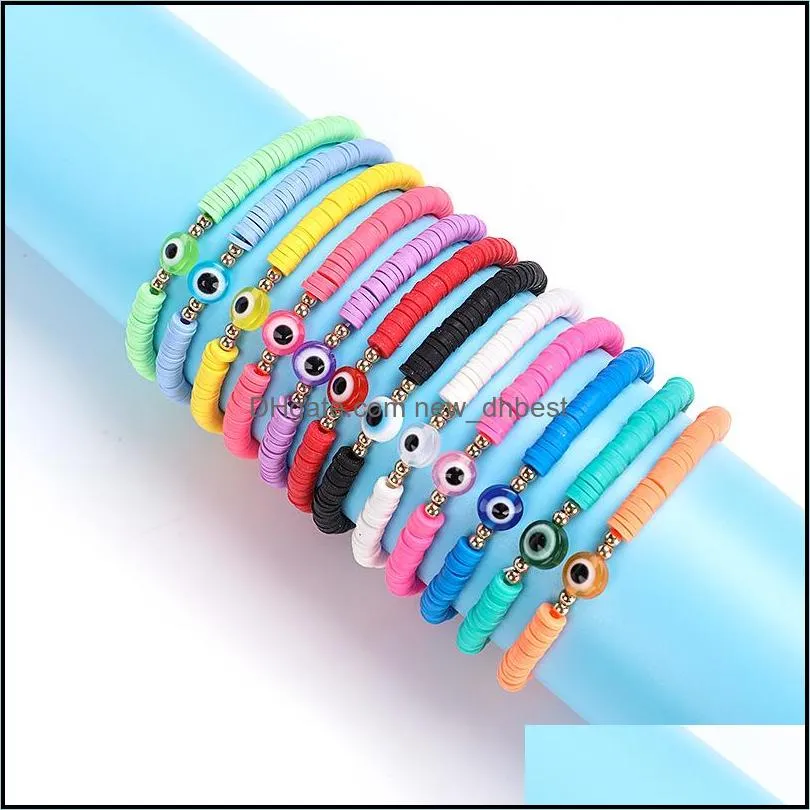 multicolor evil eye bracelet set summer beach jewelry soft polymer clay disc elastic bracelets for women