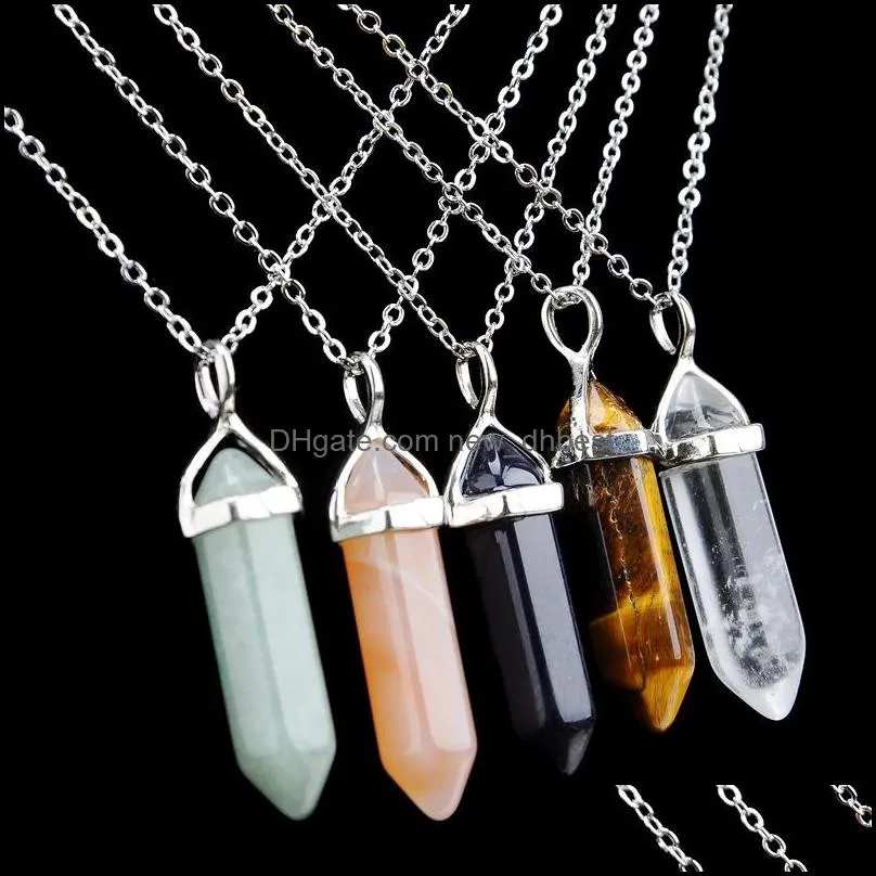 hexagonal pointed reiki natural stones pendant turquoise pink quartz pillar charms necklace for women men gift accessories
