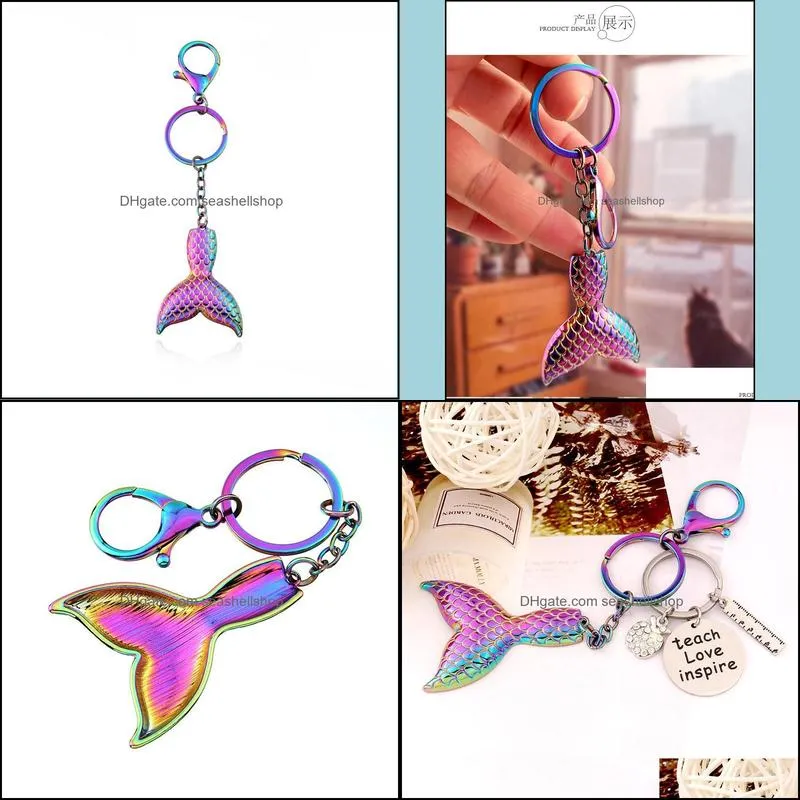 rainbow mermaid fishtail keychains metal key chain ring rings unisex keyring holder accessories