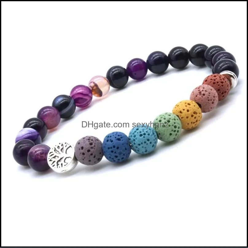 tree of life 8mm 7 chakras charms bracelet lava stone blue purple stripe india beads  oil diffuser bracelets yoga jewelry