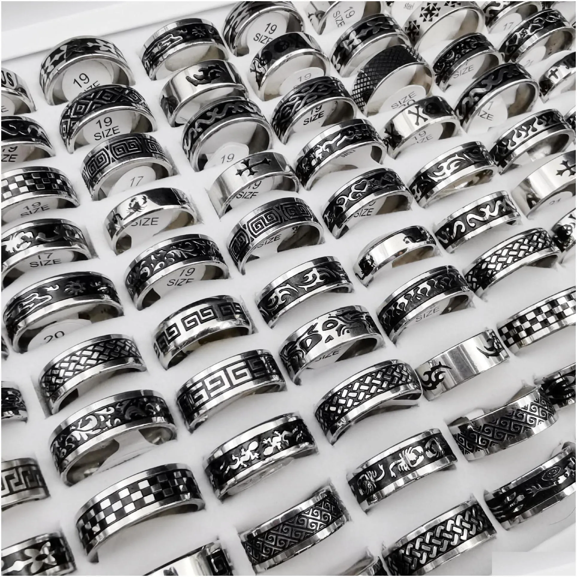 50 pcs/lot vintage retro style stainless steel rings for men and women fashion round punk rings gift accessories wholesale